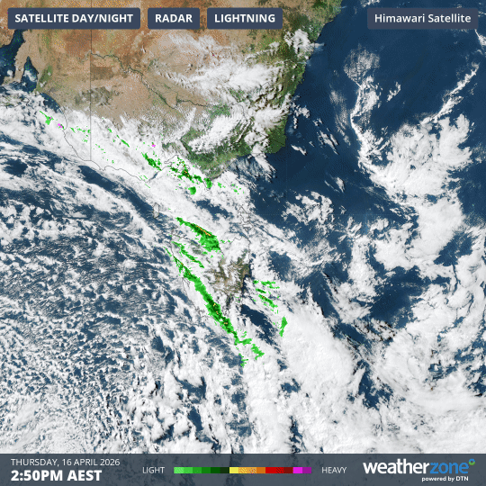 Two-hour combined satellite and radar loop over Tasmania showing the fast-moving approaching cold airmass on the afternoon of Thursday, April 16, 2026. Source: Weatherzone