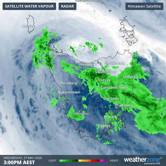 12-hour radar and atmospheric water vapour loop over Tasmania to 3am on Thursday, May 28, 2026 (AEST). Source: Weatherzone.