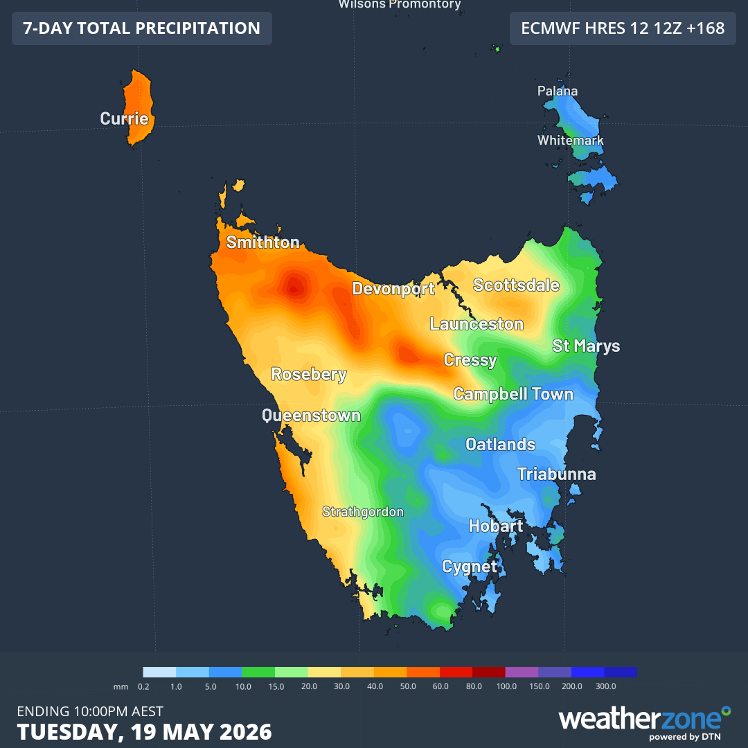 Predicted rainfall accumulation across Tasmania by 10pm (AEST) by next Tuesday, May 19, 2026, according to the ECMWF model. Source: Weatherzone