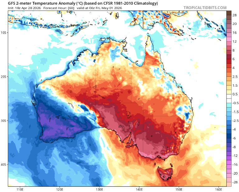 Temperature anomalies for Australia on Friday, May 1, 2026. Source: Tropical Tidbits
