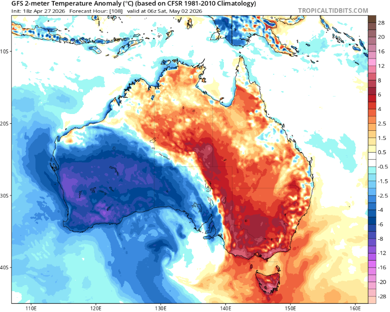 Temperature anomalies across Australia on Saturday, May 2, 2026, showing the sharp contrast as cool air pushes through the southwest into SA. Source: Tropical Tidbits