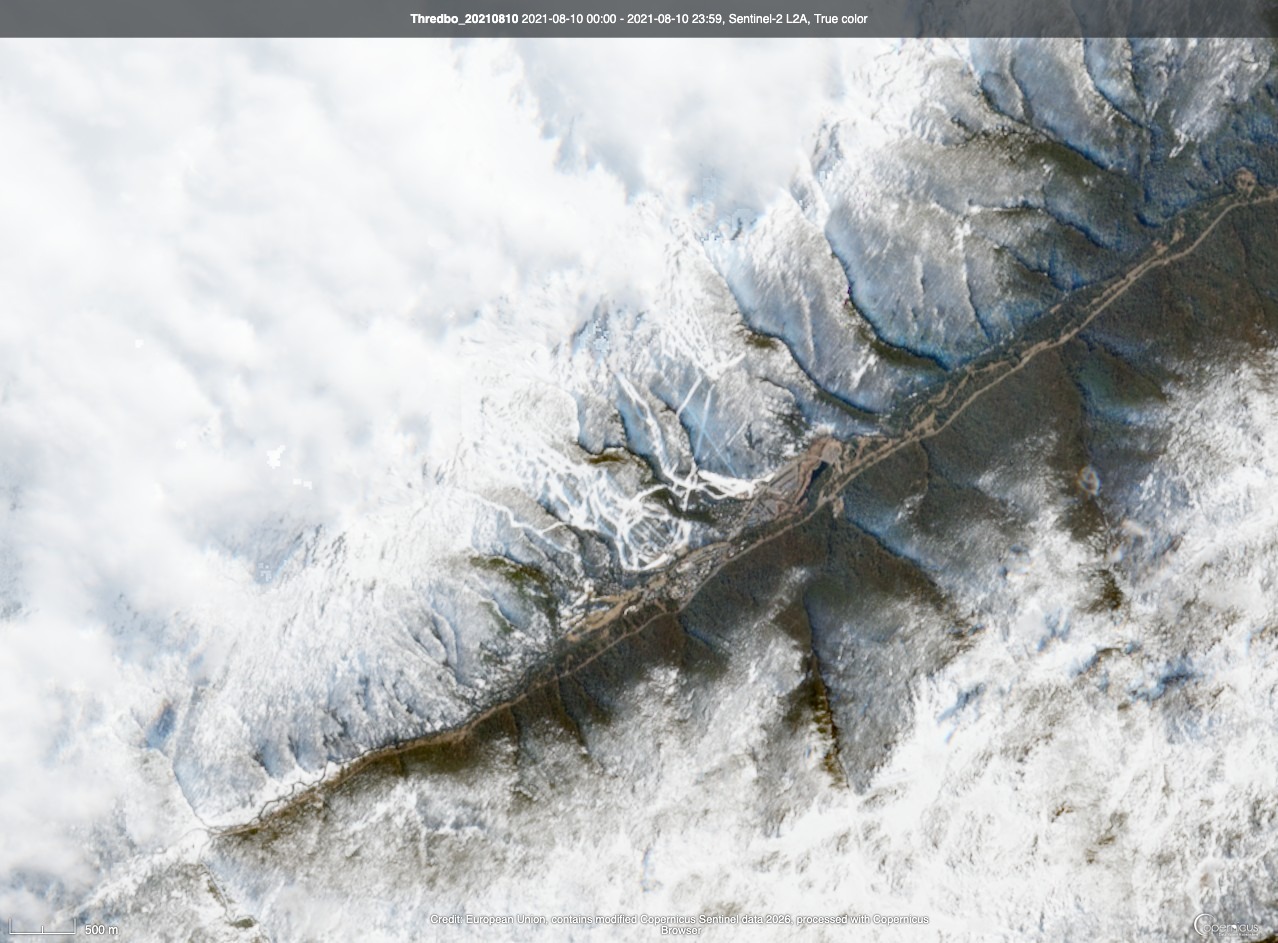 Visible satellite image showing snow cover in the NSW Alps on August 10, 2021. Source: Copernicus / Sentinel-2.