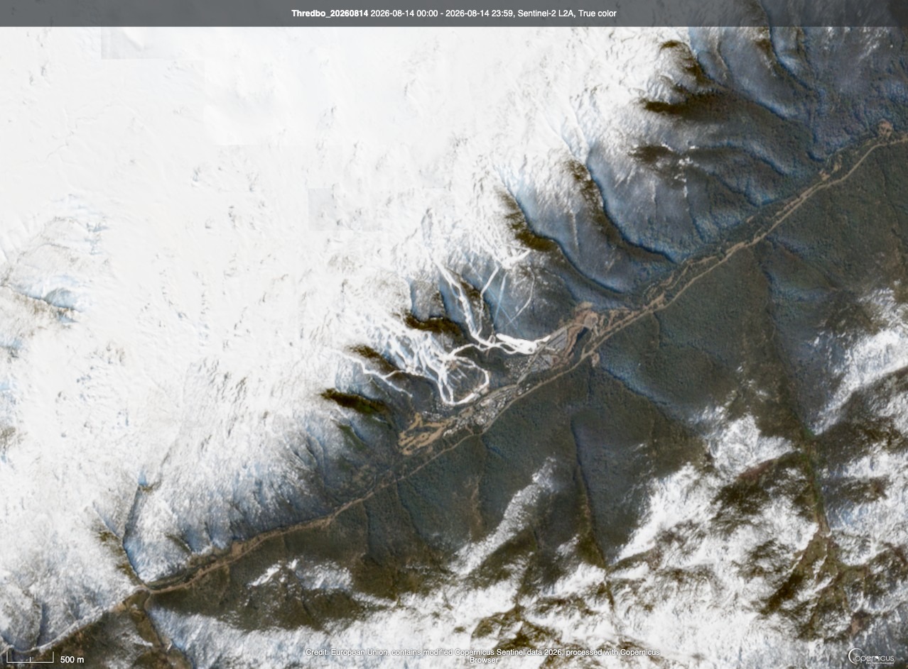 Visible satellite image showing snow cover in the NSW Alps on August 14, 2026. Source: Copernicus / Sentinel-2.