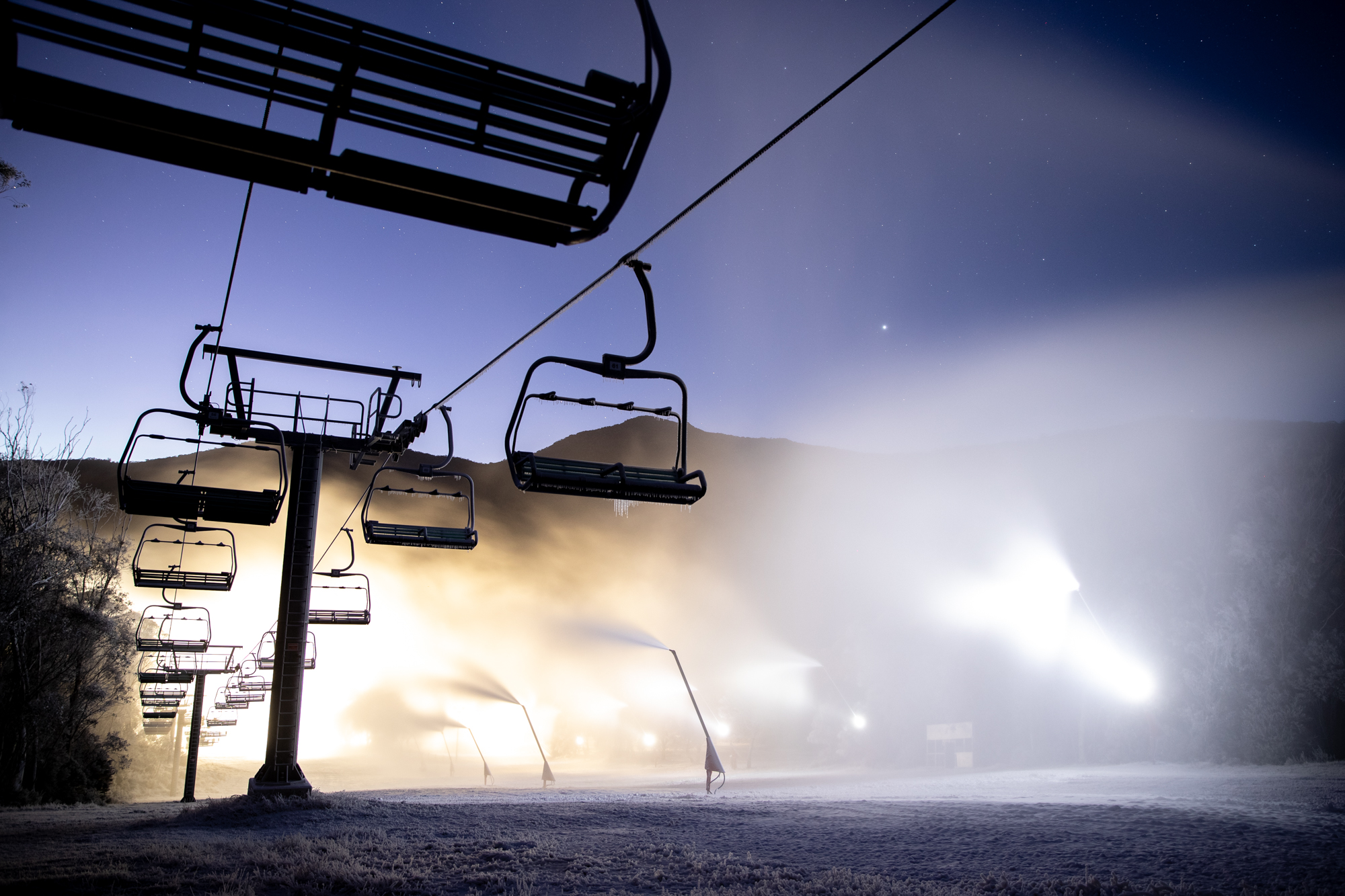 Snowmaking at night on Thredbo’s Friday Flat beginner run. Source: Thredbo.com.au