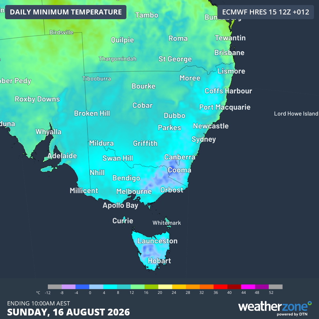 Minimum temperatures on Sunday, August 16, 2026 across southeastern Australia. Source: Weatherzone.
