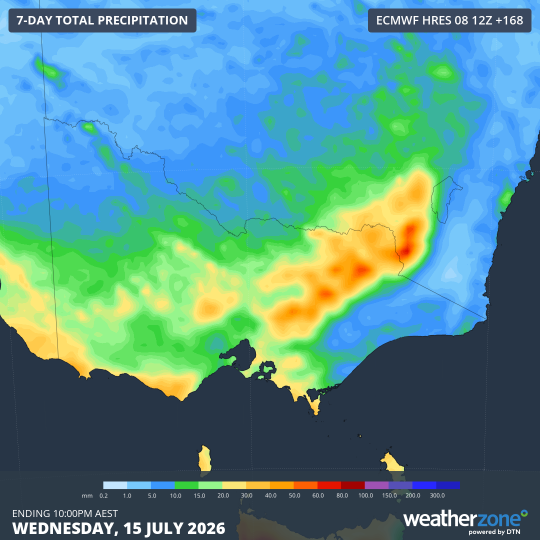 Predicted rainfall accumulations across Victoria until the evening of Wednesday, July 15, 2026. Note that 1 mm of rain = approximately 1 cm of snow when snow settles at higher elevations. Source: Weatherzone.