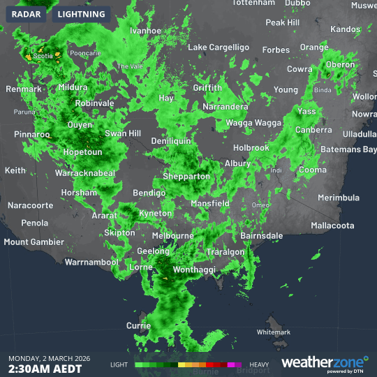 8-hour radar loop for Victoria and nearby areas to 10:30am (AEDT) on Monday, March 2, 2026. Source: Weatherzone.