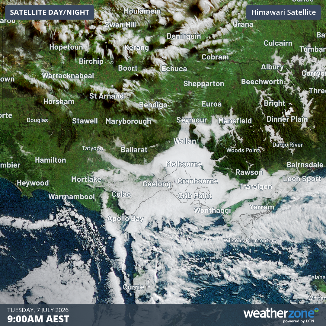 From about Geelong west, the 9 am satellite image showed cloud, but around Port Phillip Bay and greater Melbourne, as well as in the high country valleys in the state’s northeast, it was fog. Source: Weatherzone