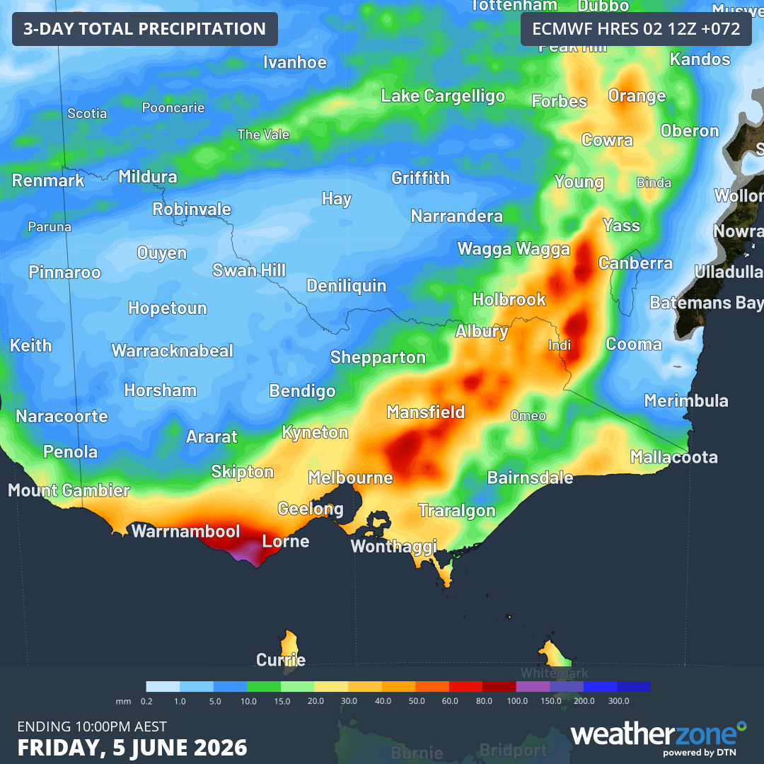 Accumulated rainfall in Victoria and nearby areas up uintil 10pm (AEST) on Friday, June 5, 2026, according to the ECMWF model. Source: Weatherzone