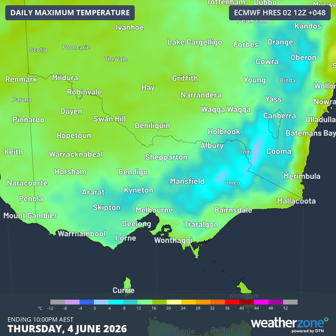 Essentially the whole state of Victoria will see maximums of 15°C or lower on Thursday, June 4, 2026, according to the ECMWF model. Source: Weatherzone
