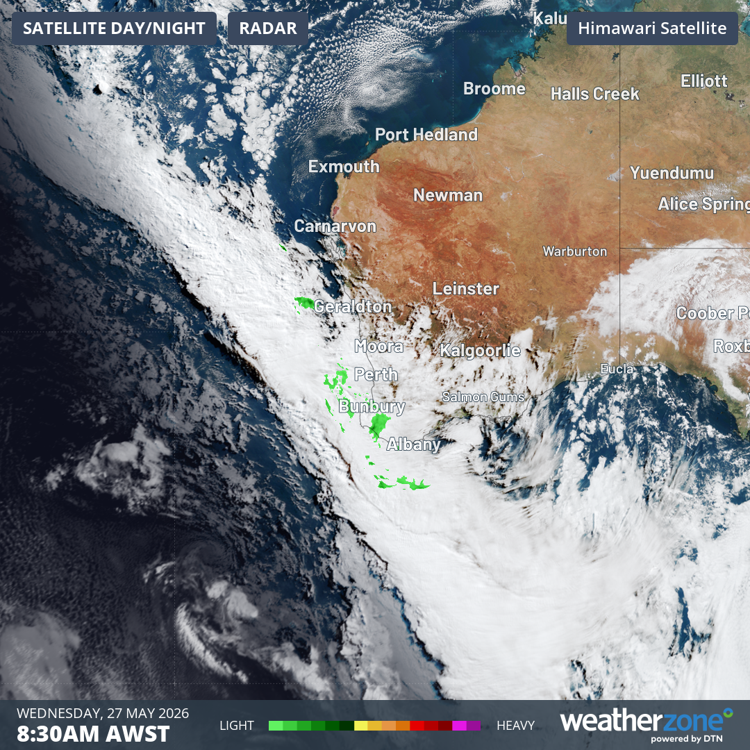 Satellite and radar image at 8:30am (AWST) on May 27, 2026, showing a northwest cloudband with only light shower activity at this stage. Source: Weatherzone