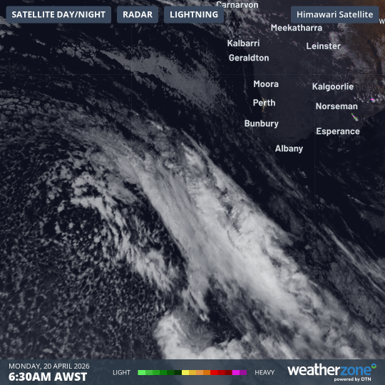 Two-hour satellite loop showing the cold front approaching southwest WA on the morning of Monday, April 20, 2026. Source: Weatherzone