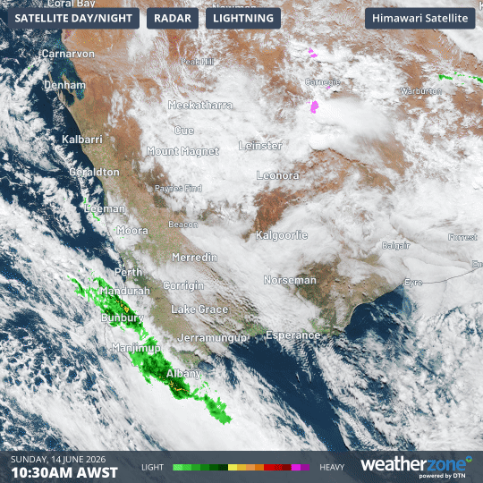 12 hour combined radar and satellite loop over southwest WA on Sunday, June 14, 2026. Source: Weatherzone
