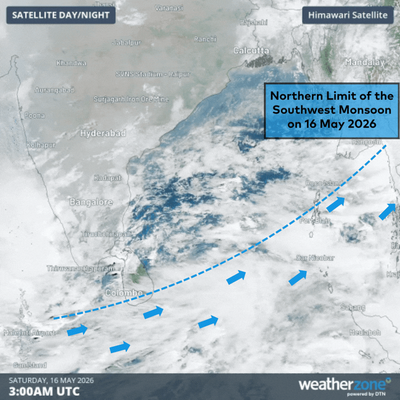 Moisture laden monsoon clouds can be seen on satellite imagery moving from west to east over the southern Bay of Bengal on Saturday, 16 May 2026. Source: Weatherzone
