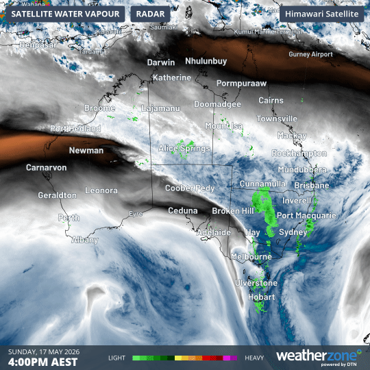 12-hour loop showing water vapour and rain radar up until 4am (AEST) this Monday, May 18, 2026. Source: Weatherzone