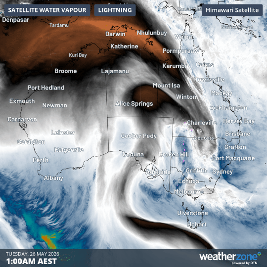 Atmospheric water vapour over Australia from 1am to 9am (AEST) this Tuesday, May 26, 2026
