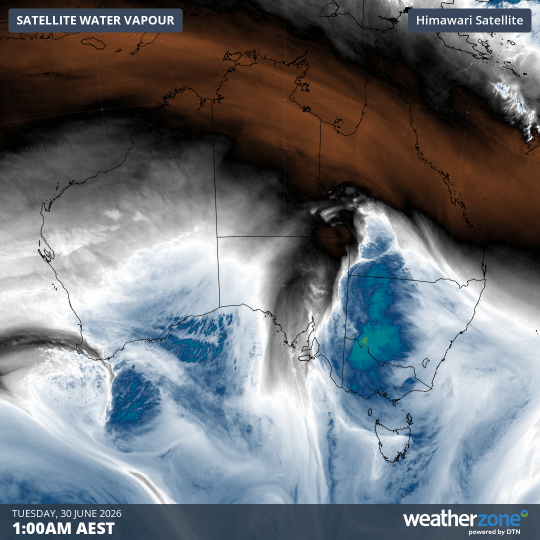 Enhanced atmospheric water vapour satellite loop for the eight hours to 9 am (AEST) on Tuesday, June 30, 2026. Source Weatherzone.