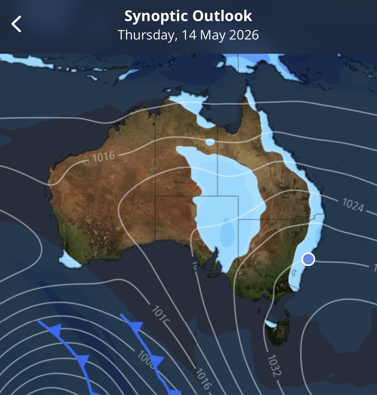 Synoptic outlook on the Weatherzone app for Australia on Thursday, May 14, 2026. Source: Weatherzone.