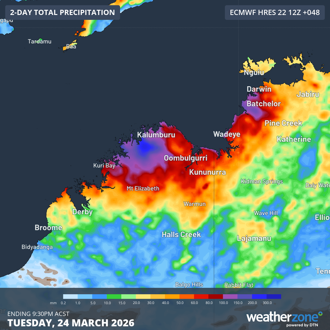 Forecast accumulated rain during the 48 hours ending at 9:30pm ACST on Tuesday, March 24, 2026. Source: Weatherzone.