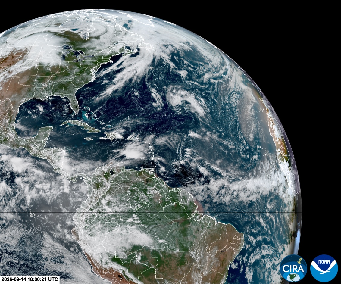Satellite image showing the western Atlantic Ocean on Monday, September 14, 2026. Source: CIRA / RAMMB.