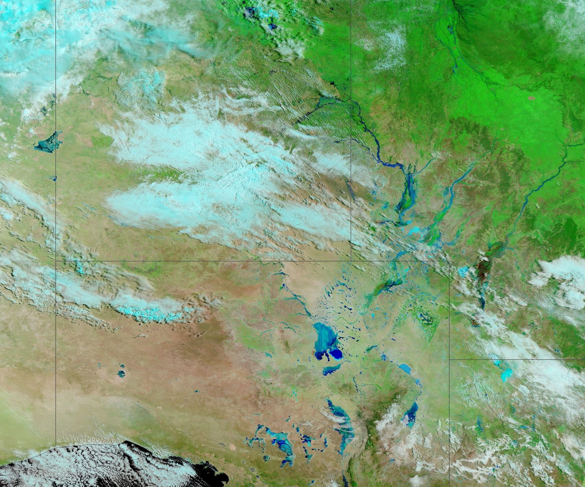 Satellite imagery taken on Wednesday, March 4, 2026, showing water in the Australian outback. Source: NASA Worldview.