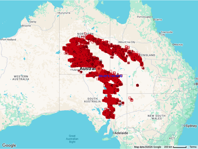 Observed lightning pulses within 800 km of the marker shown on the SA/NT border during the 18 hours ending at 6am AEST on Tuesday, August 25, 2026. Source: Weatherzone.