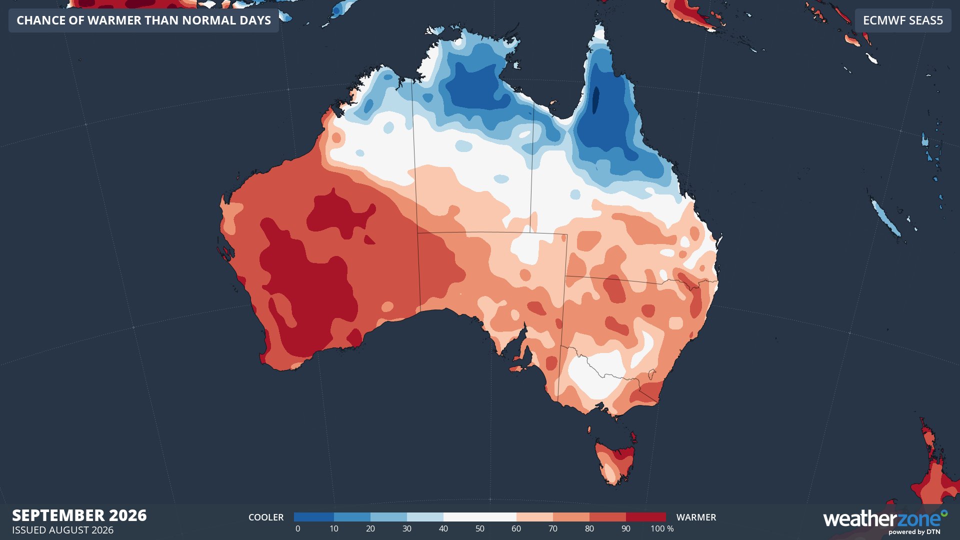 Chance of having warmer than normal days in September 2026, according to the ECMWF SEAS5 model. Source: Weatherzone.