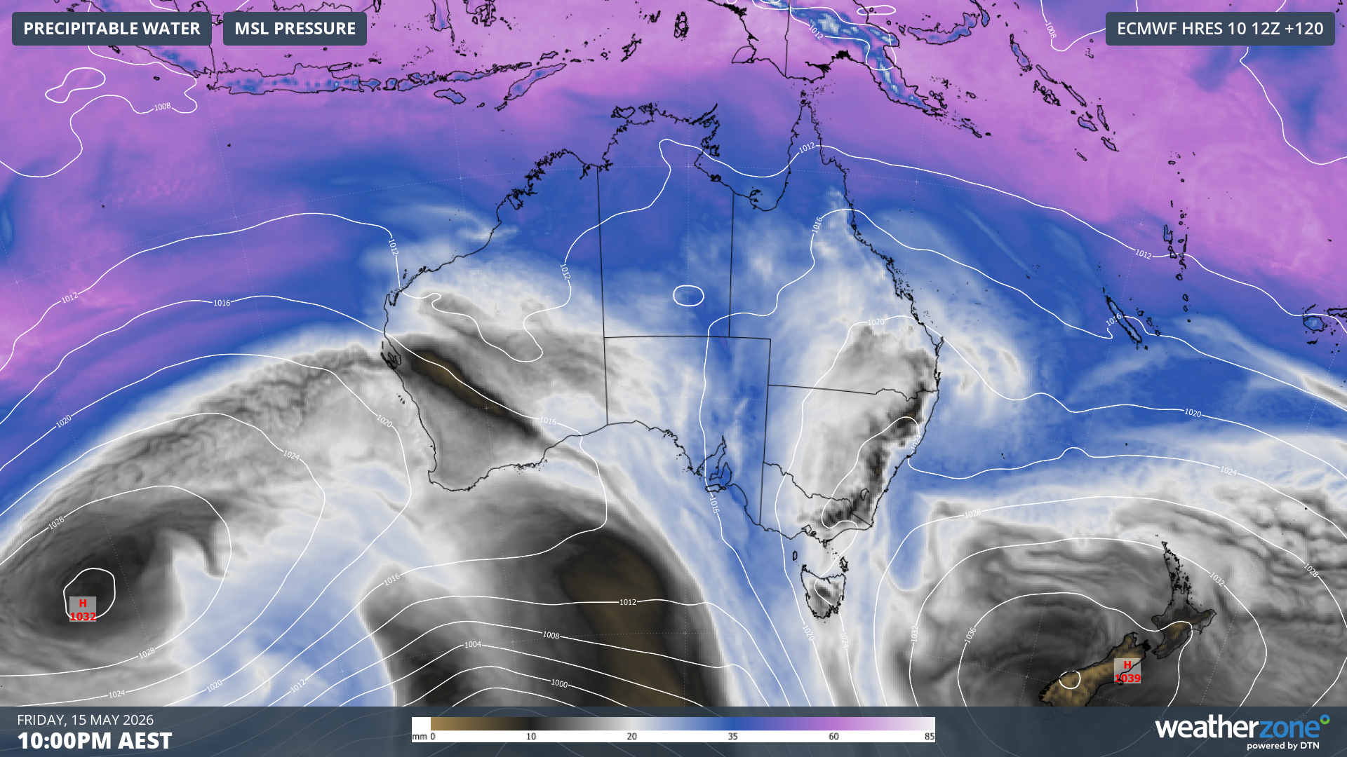 Modelled precipitable water and mean sea level pressure, showing moisture-laden air over central and northern Australia on Friday, May 15, 2026. Source: Weatherzone.