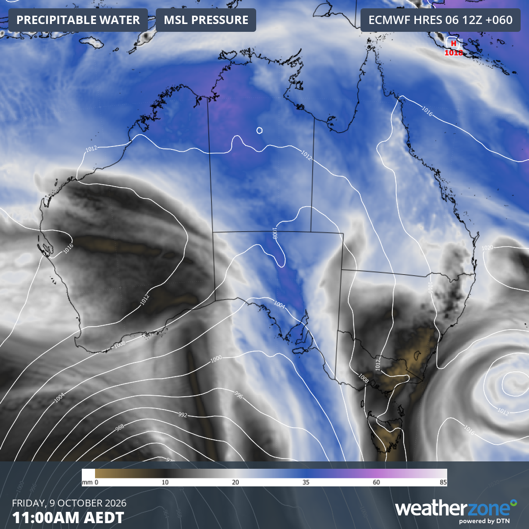 Forecast precipitable water and mean sea level pressure at 11 am AEST on Friday, October 9, 2026, showing moisture-laden air interacting with a low pressure trough over central and southern Australia. Source: Weatherzone.