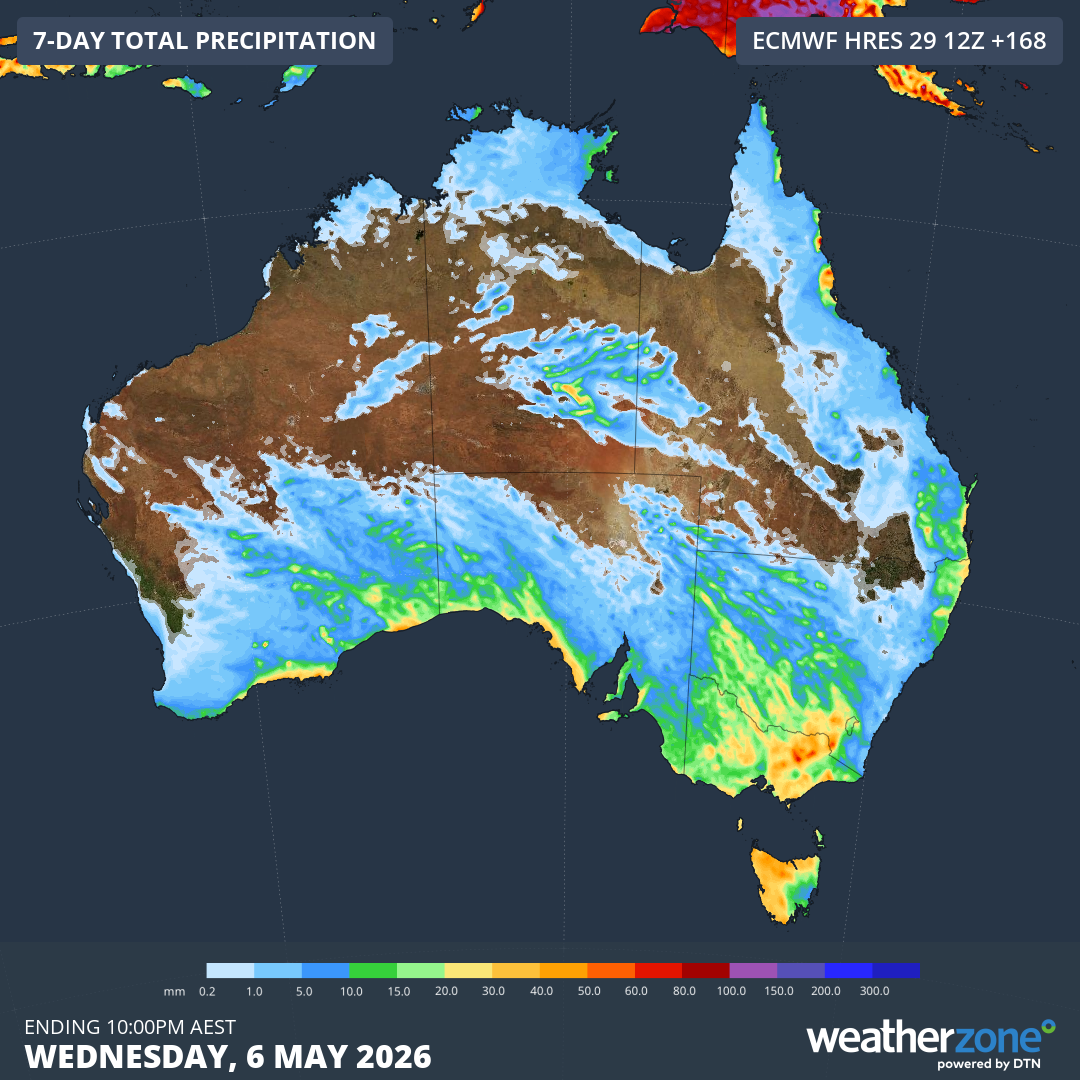 Forecast accumulated rain during the seven days ending on Wednesday, May 6, 2026. Source: Weatherzone.