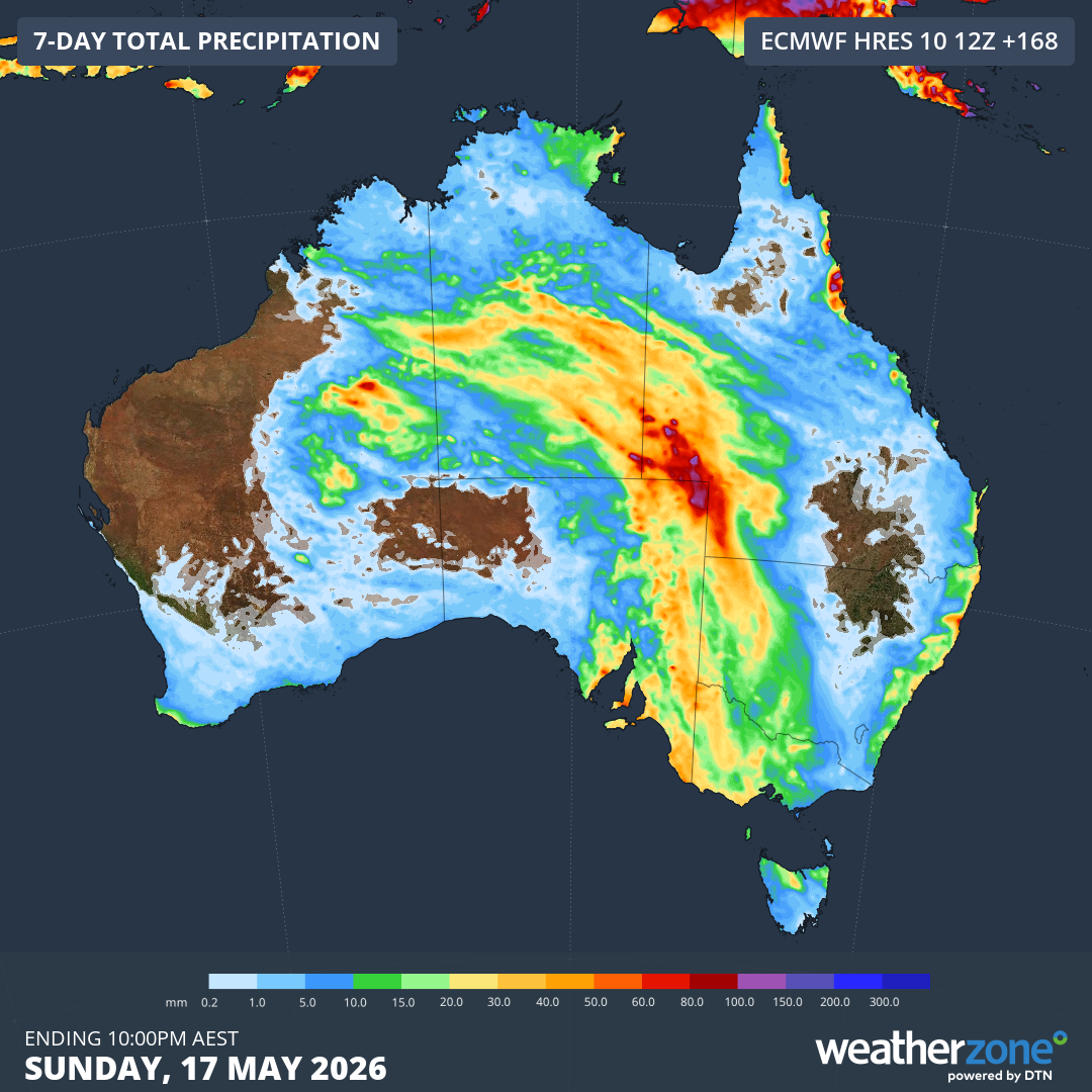 Forecast accumulated rain this week, according to the ECMWF-HRES model. Source: Weatherzone.