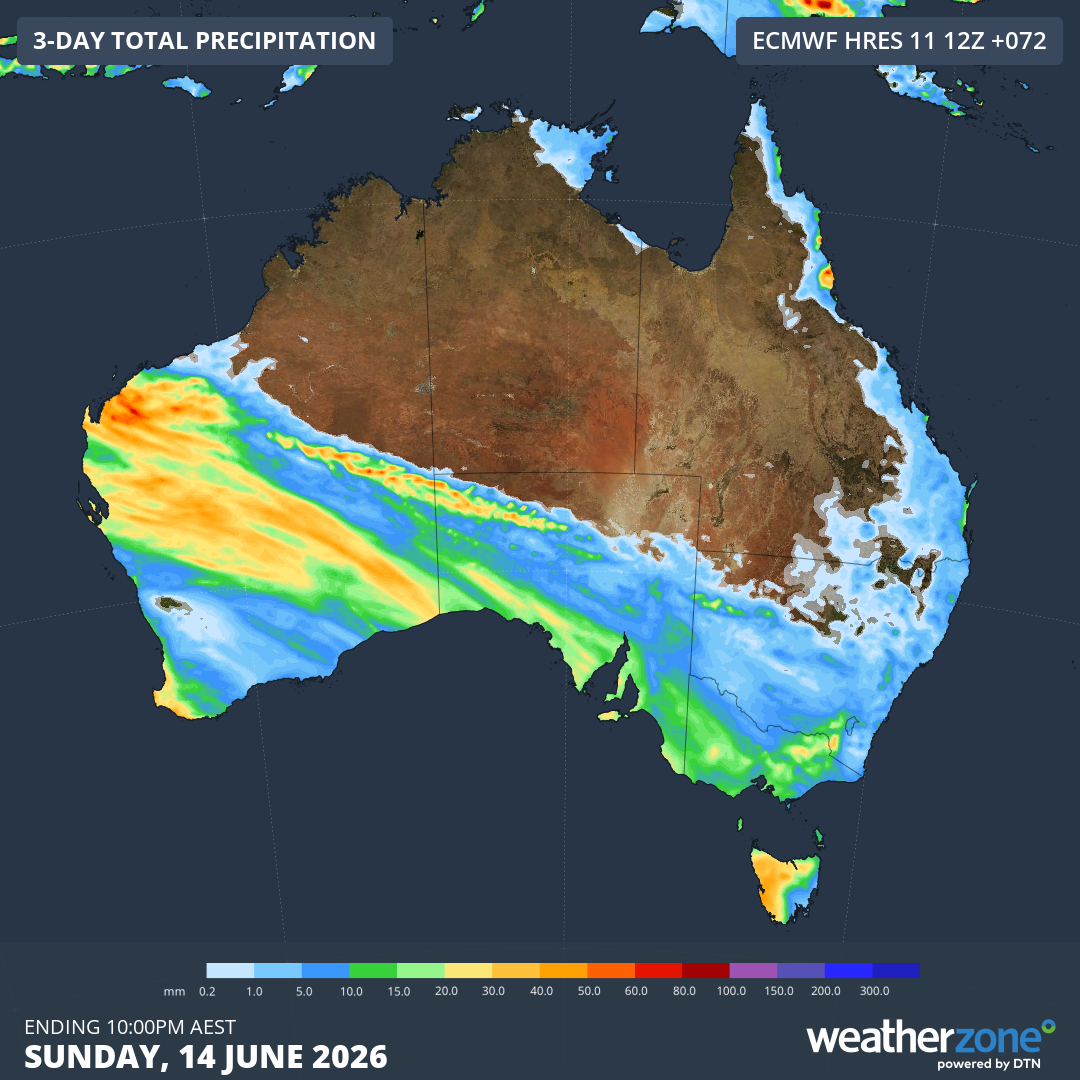 Forecast accumulated rain during the 72 hours ending at 10pm AEST on Sunday, June 14, 2026. Source: Weatherzone.