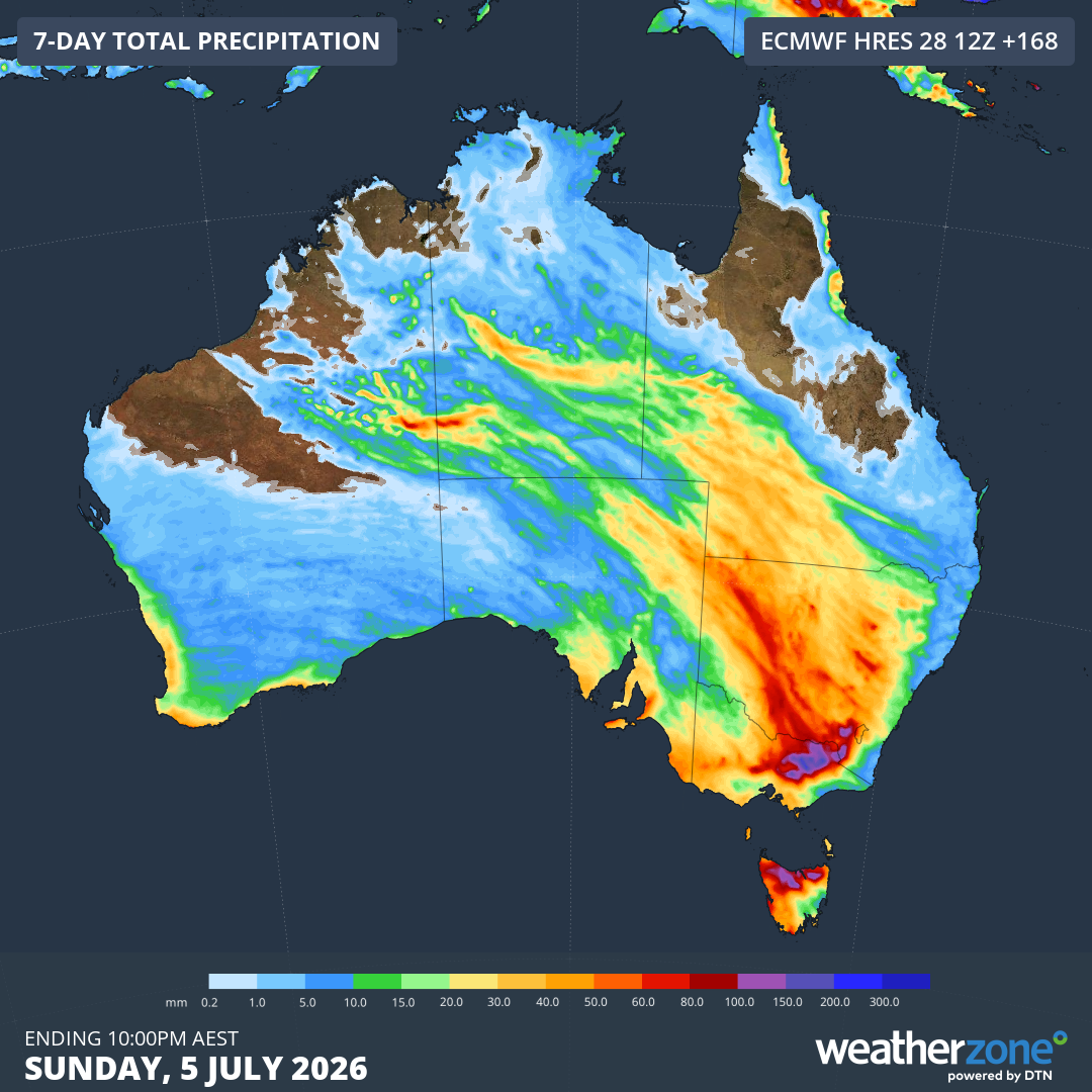 Forecast accumulated rain during the seven days ending at 10 pm AEST on Sunday, July 5, 2026. Source: Weatherzone.