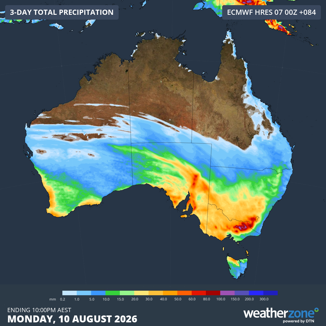 Forecast accumulated rain between Friday and Monday. Source: Weatherzone.