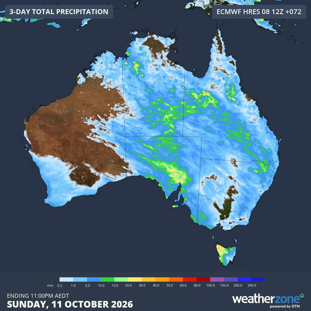 Forecast accumulated rain during the 72 hours ending at 11pm AEDT on Sunday, October 11, 2026. Source: Weatherzone.