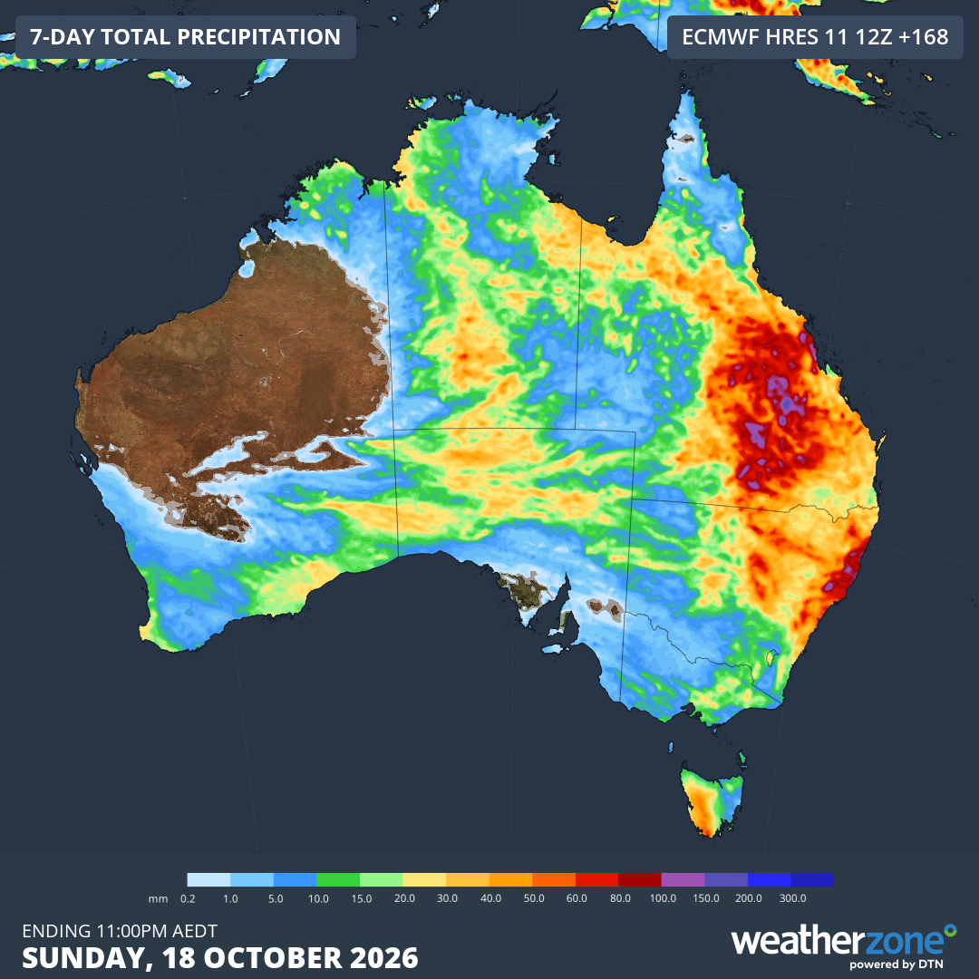 Forecast accumulated rain this week. Source: Weatherzone.