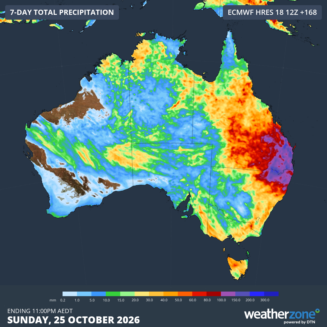 Forecast accumulated rain during the 7 days ending at 11 pm AEDT on Sunday, October 26, 2026. Source: Weatherzone.