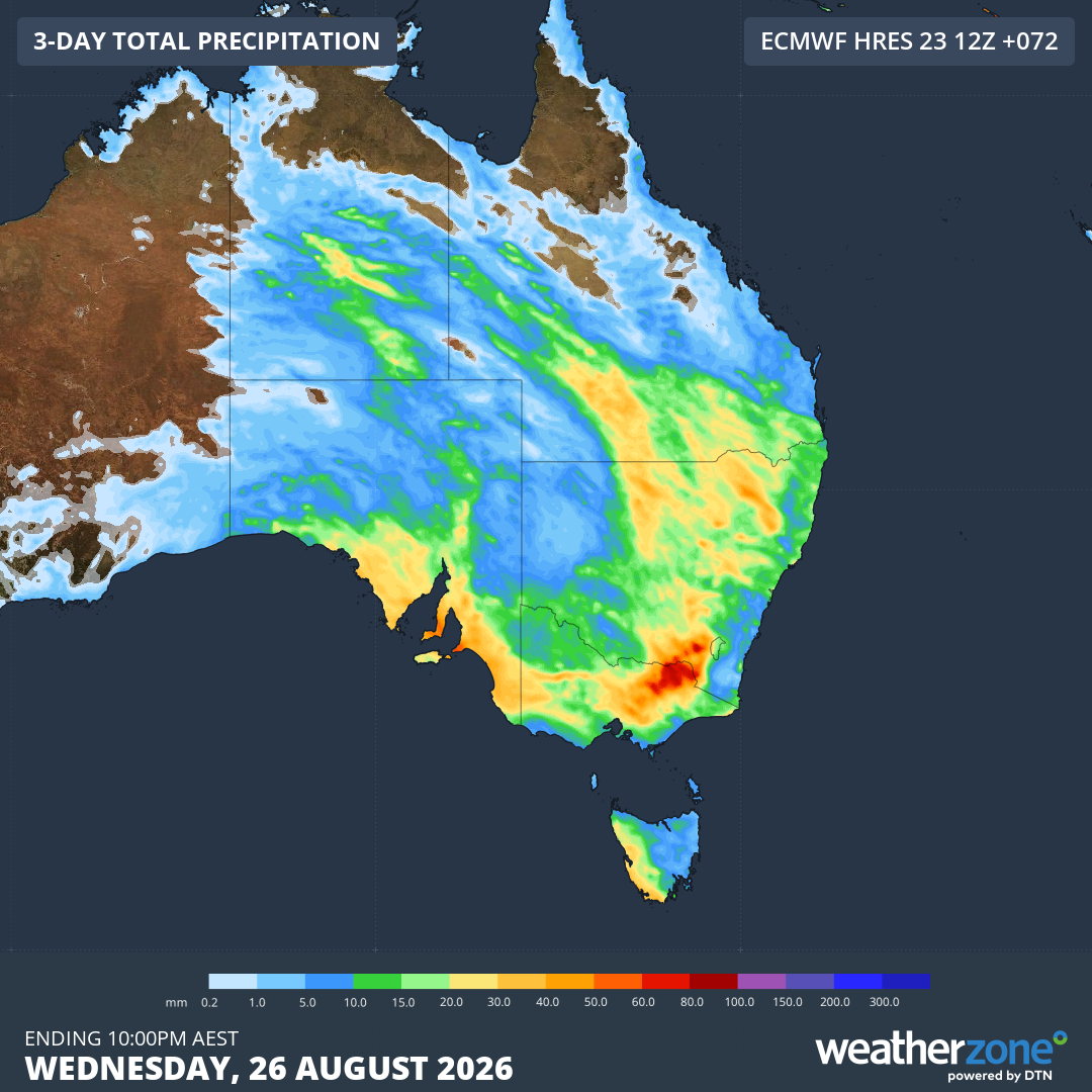 Forecast accumulated rain during the 72 hours ending at 10 pm AEST on Wednesday, August 26, 2026. Source: Weatherzone.