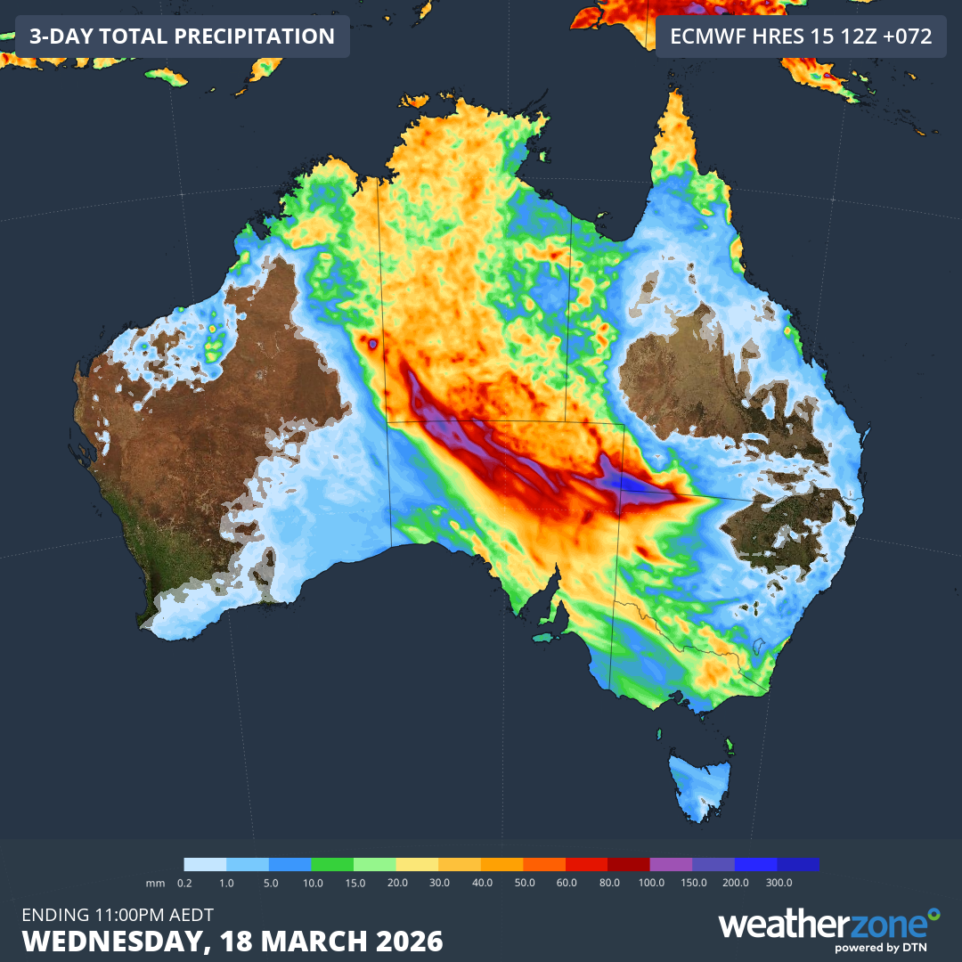 Forecast accumulated rain during the 72 hours ending at 11pm AEDT on Wednesday, March 18, 2026. Source: Weatherzone.