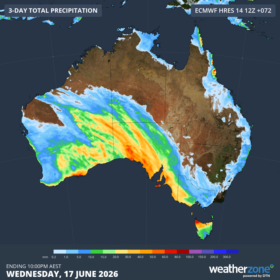Forecast accumulated rain during the three days ending at 10 pm AEST on June 17, 2026. Source: Weatherzone.