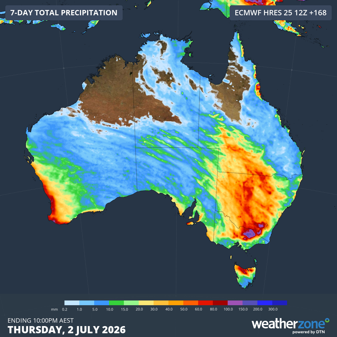 Forecast accumulated rain during the seven days ending at 10 pm AEST on Thursday, July 2, 2026. Source: Weatherzone.