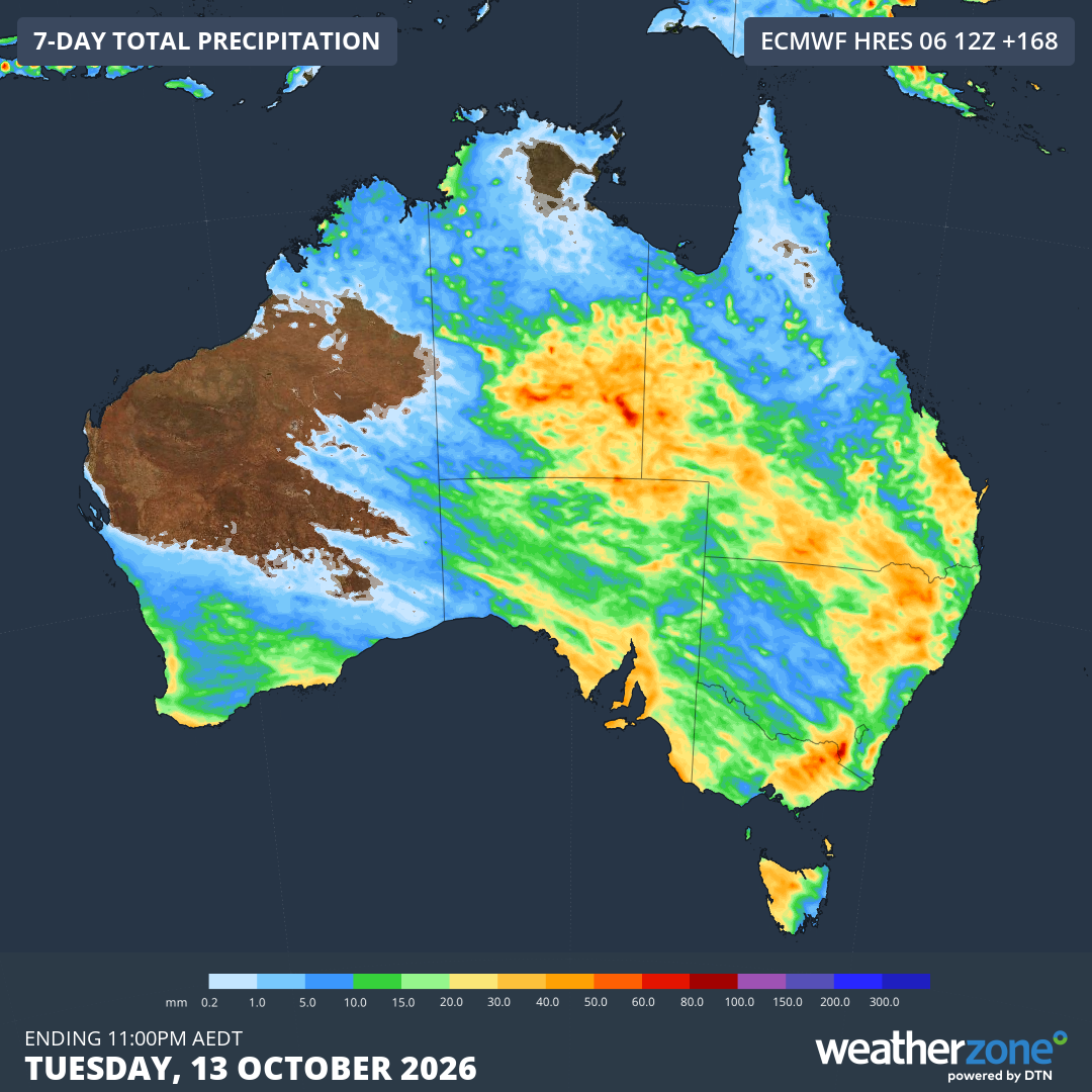Forecast accumulated rain during the seven days ending at 11pm AEST on Tuesday, October 13, 2026. Source: Weatherzone.