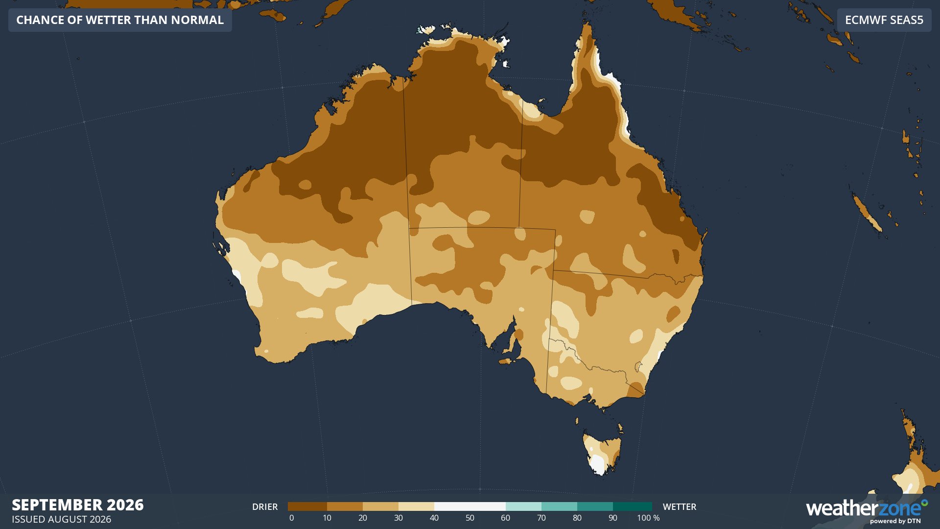 hance of being wetter than normal in September 2026, according to the ECMWF SEAS5 model. Source: Weatherzone.