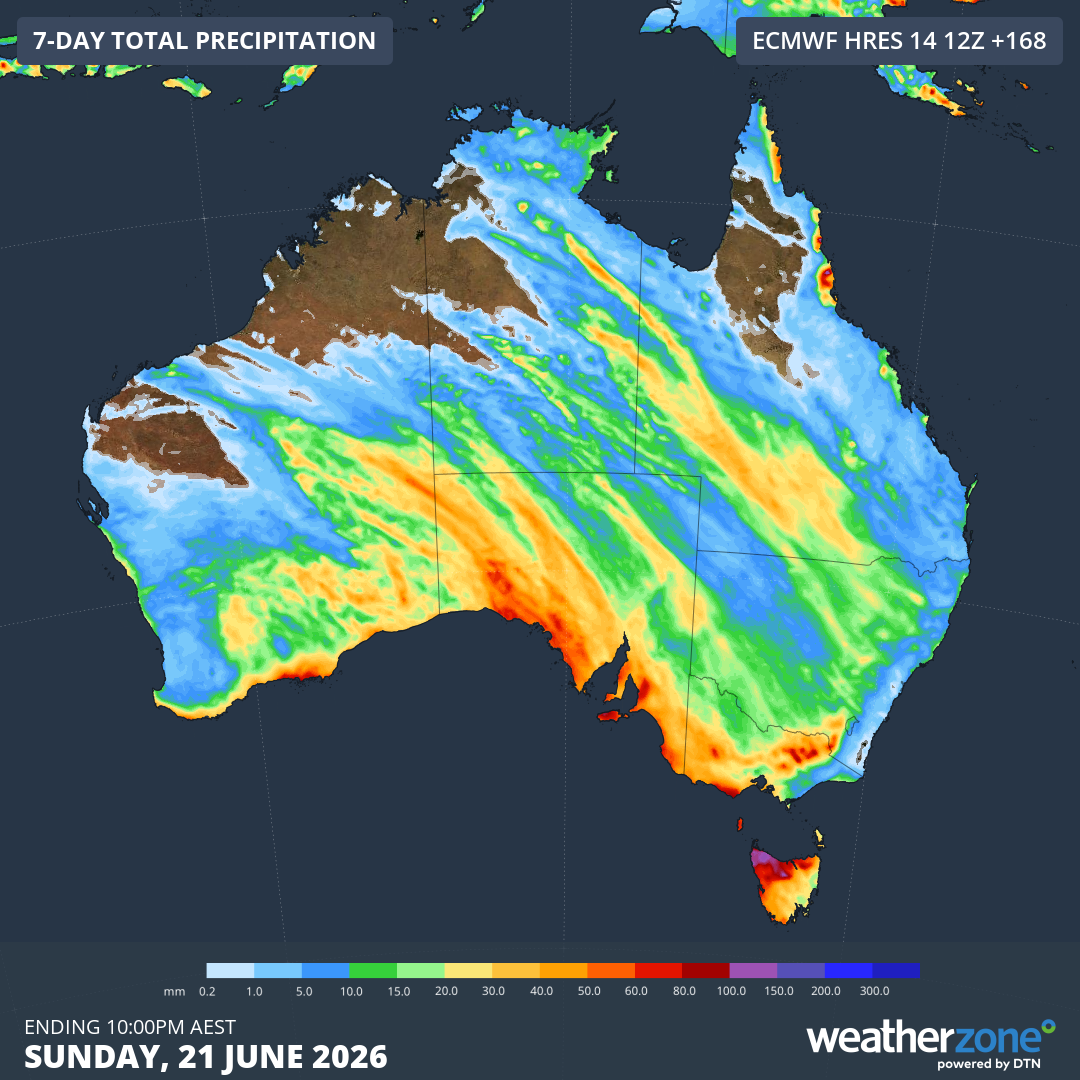 Forecast accumulated rain during the seven days ending at 10 pm AEST on Sunday, June 21, 2026, according to the ECMWF model. Source: Weatherzone.