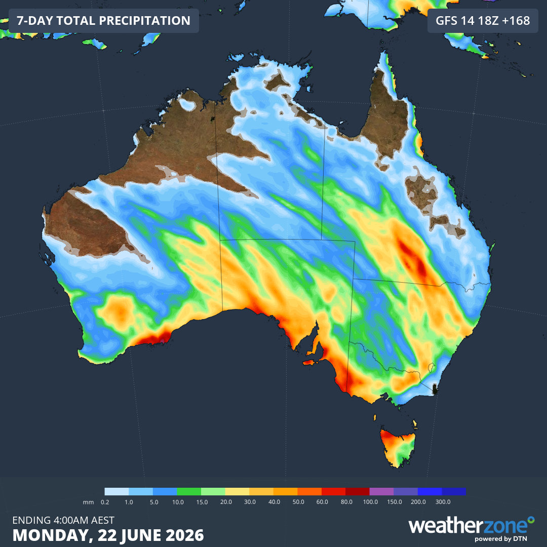Forecast accumulated rain during the seven days ending at 4 am AEST on Monday, June 22, 2026, according to the GFS model. Source: Weatherzone.