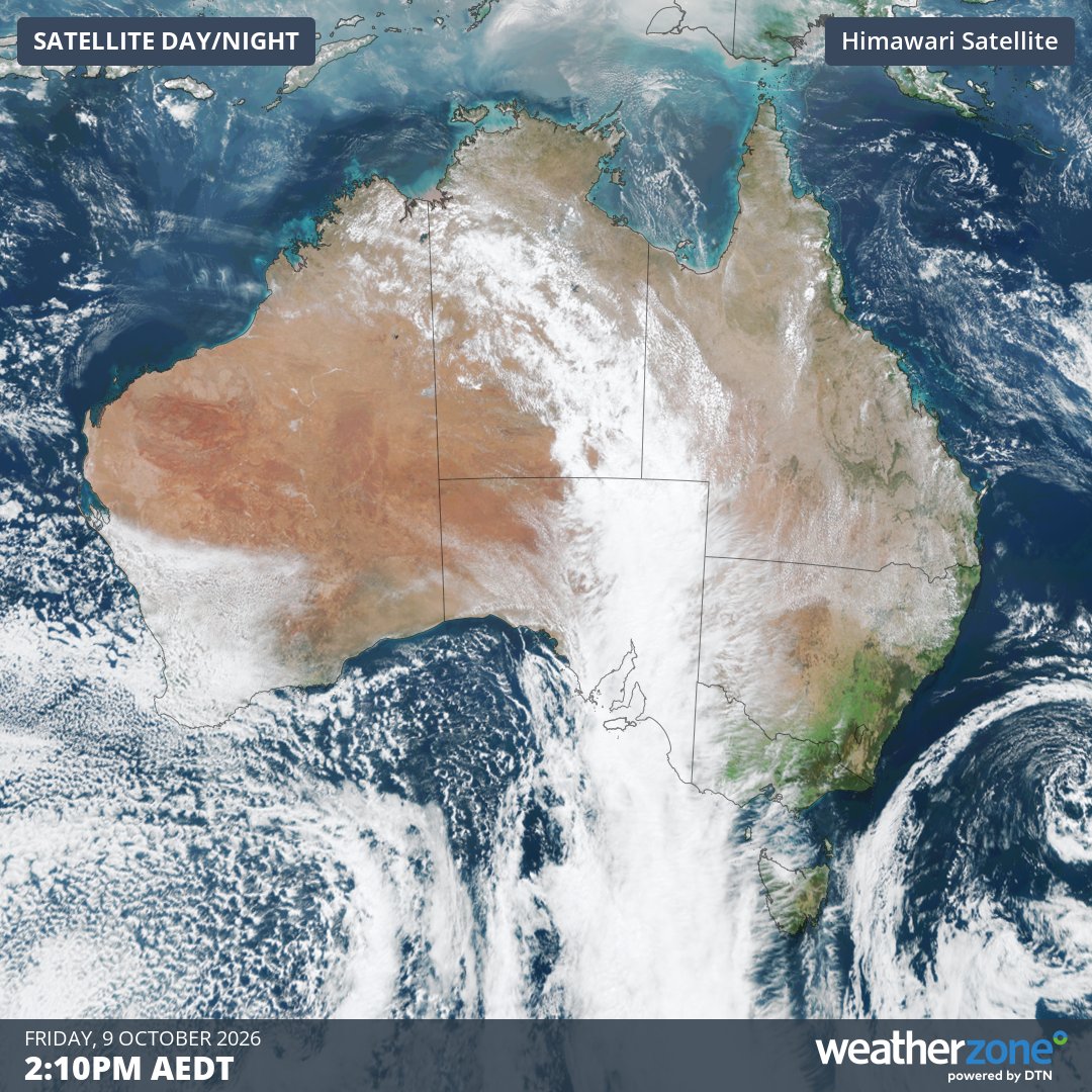 Satellite image showing a large cloudband over Australia on Friday, October 9, 2026. Source: Weatherzone.