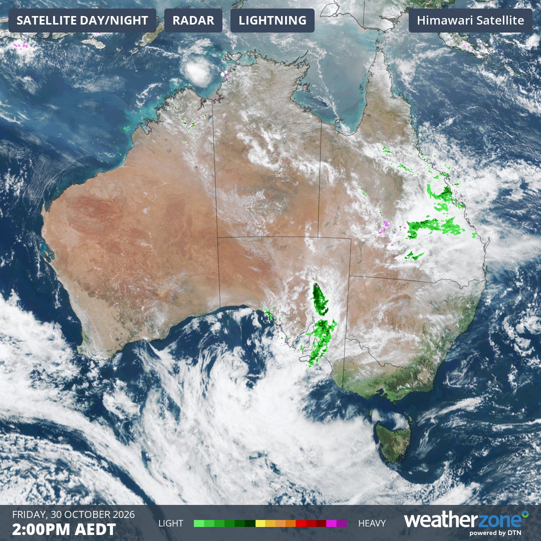 Composite satellite, radar and lightning observations at 2pm AEDT on Friday, October 30, 2026, showing rain and thunderstorms over Queensland and SA. Source: Weatherzone.