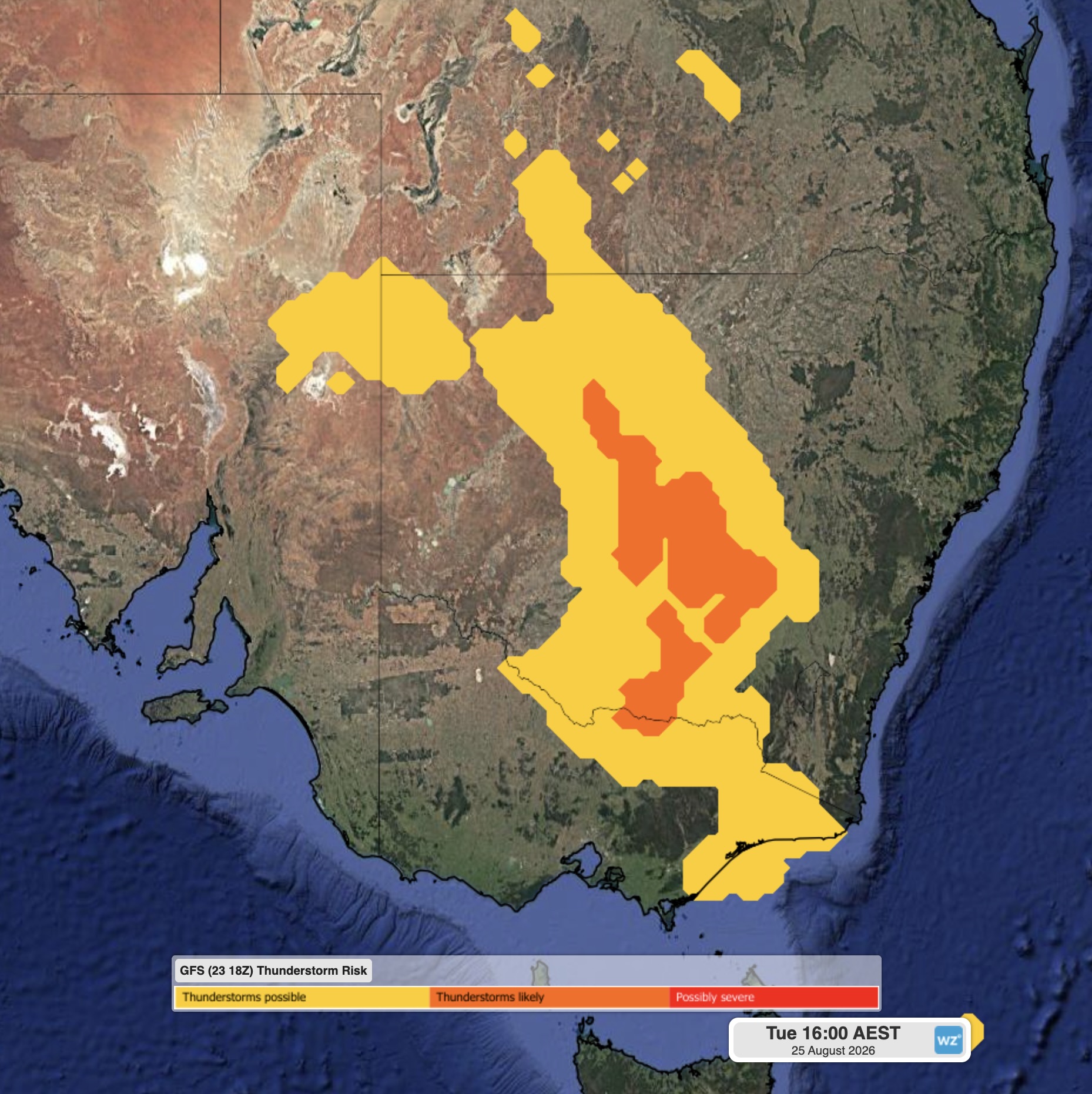 Modelled thunderstorm risk at 4 pm AEST on Tuesday, August 25, 2026. This is just a guide to thunderstorm risk and storms can occur outside the shaded areas in this image. Source: Weatherzone.