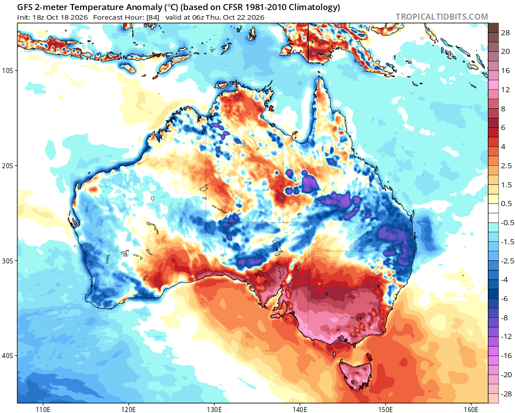 Forecast temperature anomaly at 11 am AEDT on Thursday, October 22, 2026. Source: TropicalTidbits.com.