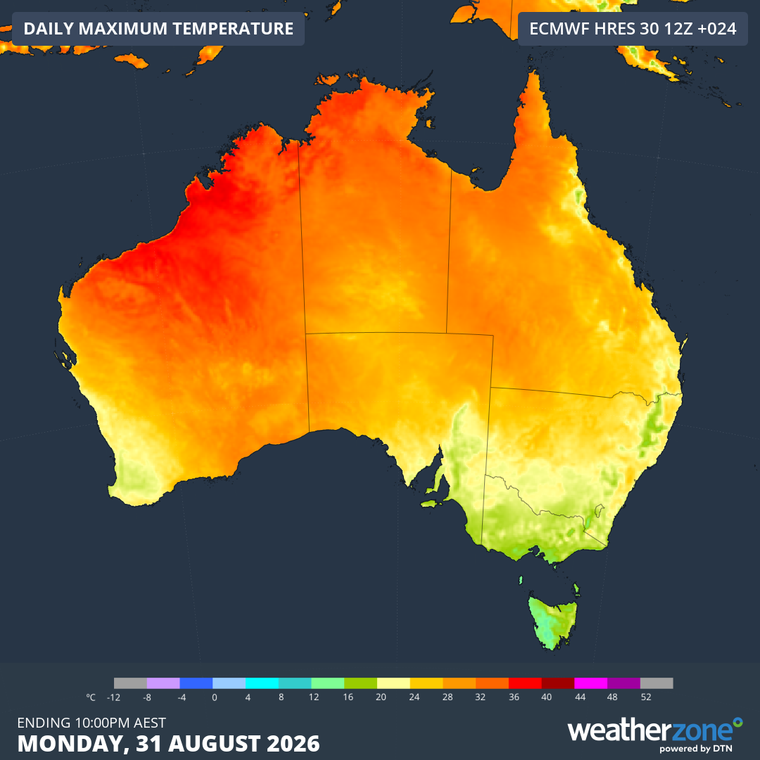 Modelled maximum temperature on the last day of winter 2026. Source: Weatherzone.